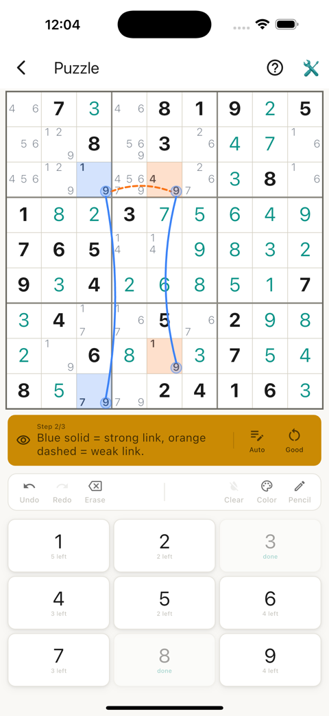 Sudoku Collector mid-solve, showing a guided hint train