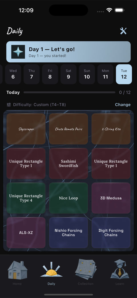 Twelve daily puzzles, tuned to your level.